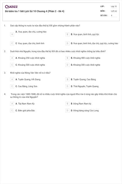 Đề kiểm tra 1 tiết Lịch Sử 10 Chương 4 (Phần 2 - Đề 4)