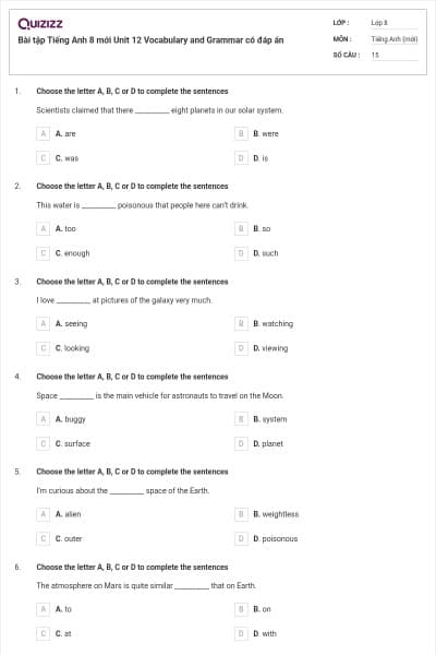 Bài tập Tiếng Anh 8 mới Unit 12 Vocabulary and Grammar có đáp án