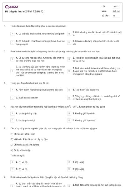 Đề thi giữa học kì 2 Sinh 12 (Đề 1)