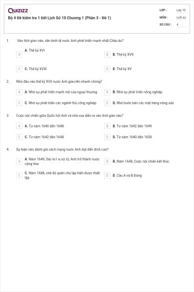 Bộ 4  Đề kiểm tra 1 tiết Lịch Sử 10 Chương 1 (Phần 3 - Đề 1)