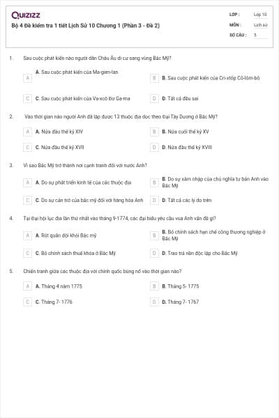 Bộ 4  Đề kiểm tra 1 tiết Lịch Sử 10 Chương 1 (Phần 3 - Đề 2)