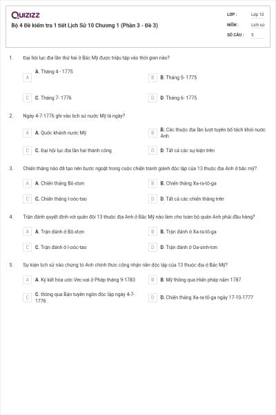 Bộ 4  Đề kiểm tra 1 tiết Lịch Sử 10 Chương 1 (Phần 3 - Đề 3)