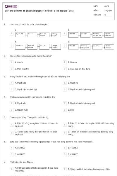 Bộ 4 Đề kiểm tra 15 phút Công nghệ 12 Học kì 2 (có đáp án - Đề 3)
