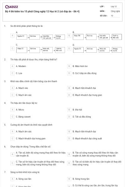Bộ 4 Đề kiểm tra 15 phút Công nghệ 12 Học kì 2 (có đáp án - Đề 4)
