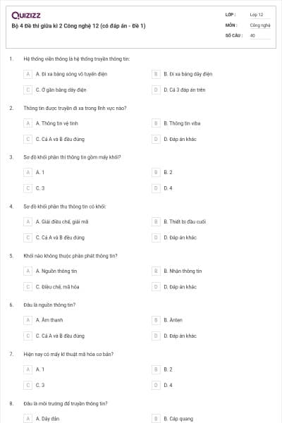 Bộ 4 Đề thi giữa kì 2 Công nghệ 12 (có đáp án - Đề 1)