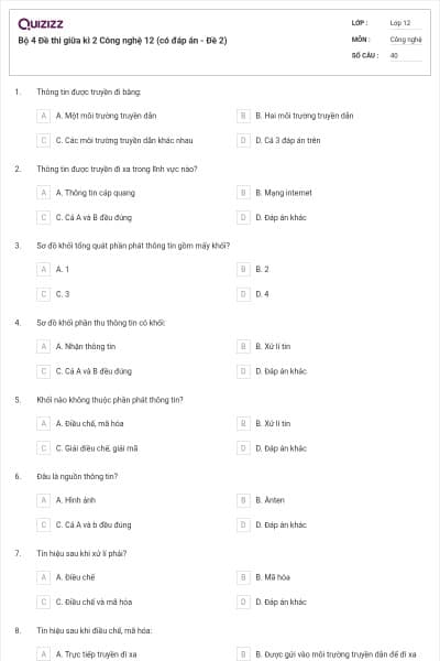 Bộ 4 Đề thi giữa kì 2 Công nghệ 12 (có đáp án - Đề 2)