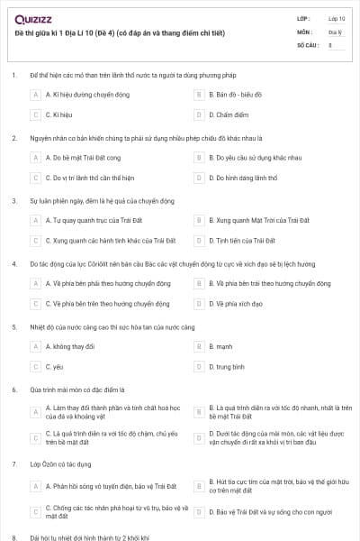 Đề thi giữa kì 1 Địa Lí 10 (Đề 4) (có đáp án và thang điểm chi tiết)