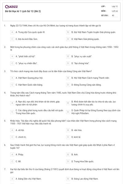 Đề thi Học kì 1 Lịch Sử 12 (Đề 2)
