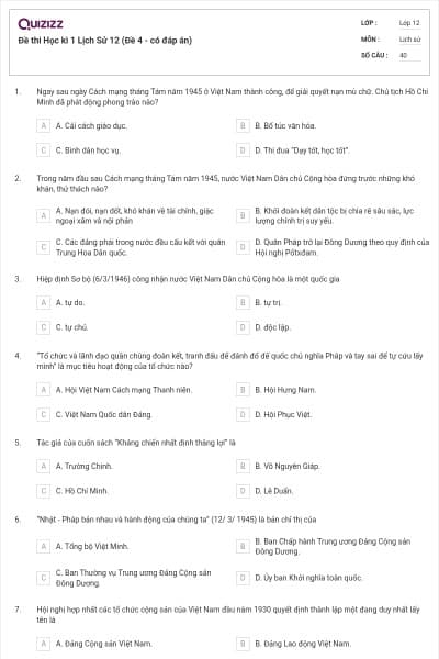 Đề thi Học kì 1 Lịch Sử 12 (Đề 4 - có đáp án)