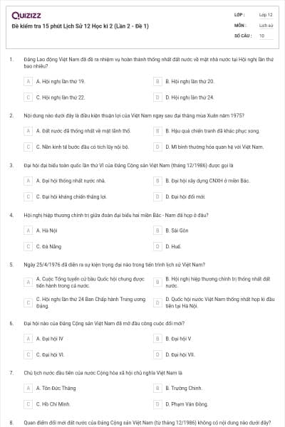 Đề kiểm tra 15 phút Lịch Sử 12 Học kì 2 (Lần 2 - Đề 1)