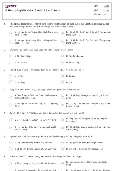 Đề kiểm tra 15 phút Lịch Sử 12 Học kì 2 (Lần 2 - Đề 2)