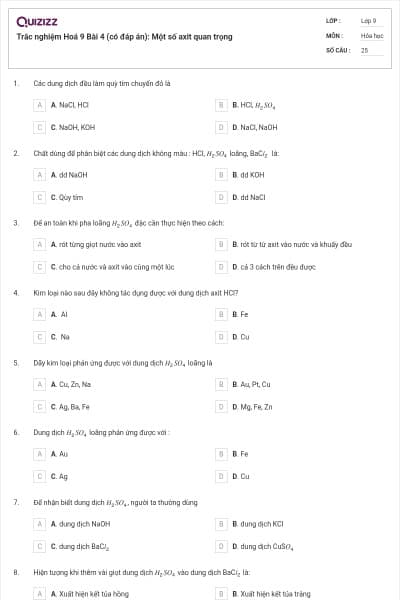 Trắc nghiệm Hoá 9 Bài 4 (có đáp án): Một số axit quan trọng