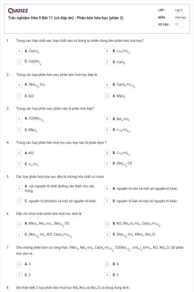 Trắc nghiệm Hóa 9 Bài 11 (có đáp án) : Phân bón hóa học (phần 2)