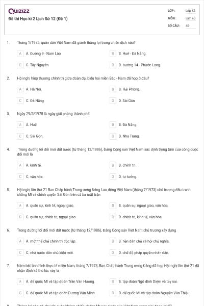 Đề thi Học kì 2 Lịch Sử 12 (Đề 1)