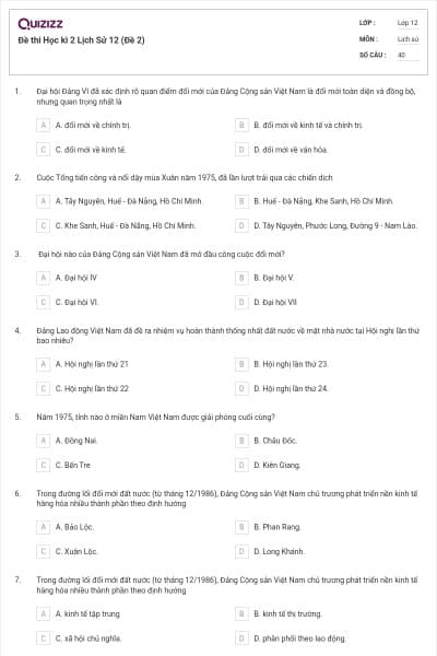 Đề thi Học kì 2 Lịch Sử 12 (Đề 2)