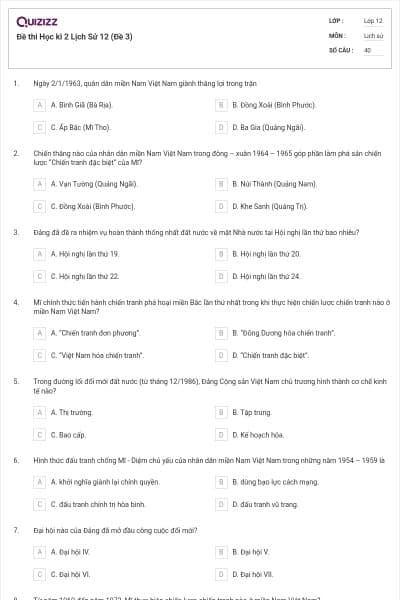 Đề thi Học kì 2 Lịch Sử 12 (Đề 3)