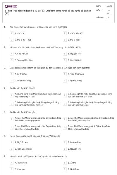 31 câu  Trắc nghiệm Lịch Sử 10 Bài 27: Quá trình dựng nước và giữ nước có đáp án (P2)