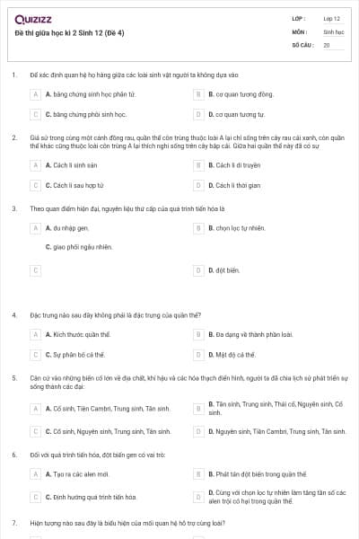 Đề thi giữa học kì 2 Sinh 12 (Đề 4)