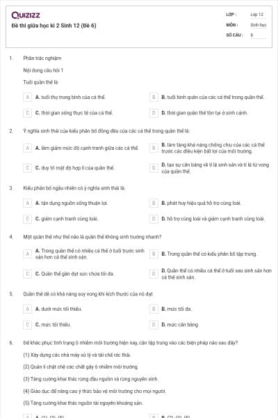 Đề thi giữa học kì 2 Sinh 12 (Đề 6)