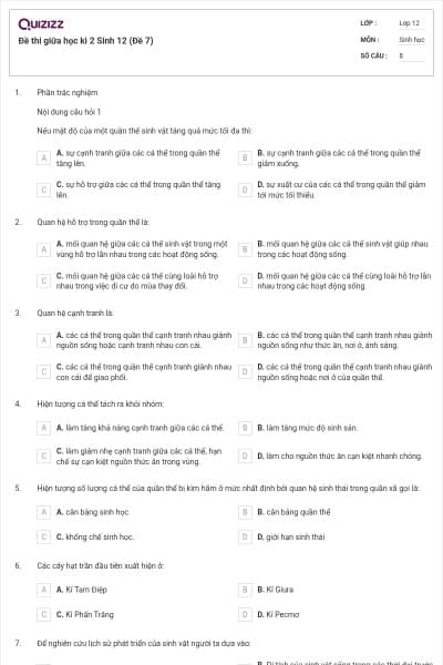Đề thi giữa học kì 2 Sinh 12 (Đề 7)