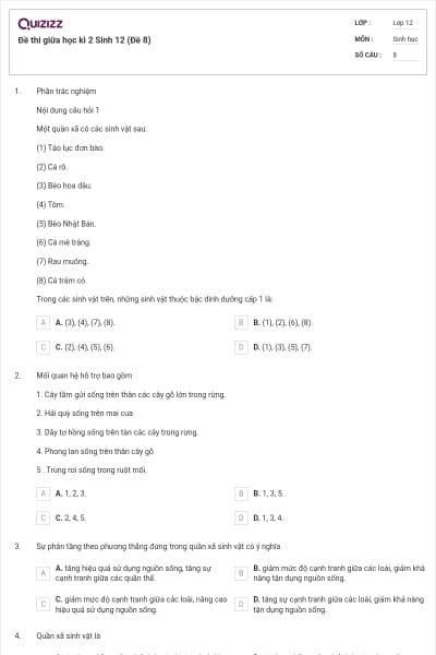 Đề thi giữa học kì 2 Sinh 12 (Đề 8)