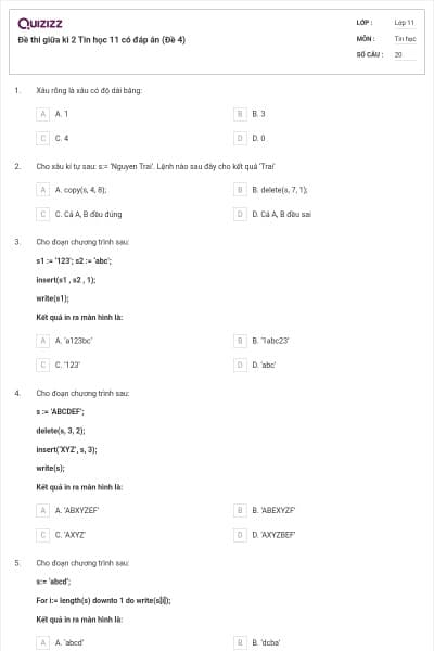 Đề thi giữa kì 2 Tin học 11 có đáp án (Đề 4)