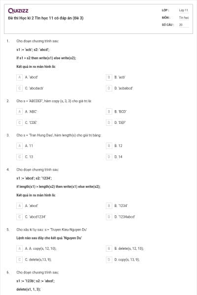 Đề thi Học kì 2 Tin học 11 có đáp án (Đề 3)