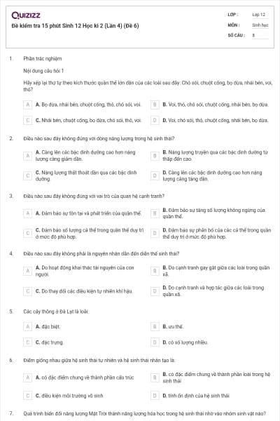 Đề kiểm tra 15 phút Sinh 12 Học kì 2 (Lần 4) (Đề 6)