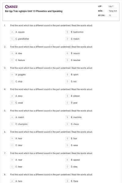 Bài tập Trắc nghiệm Unit 13 Phonetics and Speaking