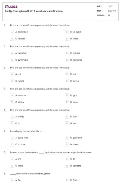 Bài tập Trắc nghiệm Unit 13 Vocabulary and Grammar