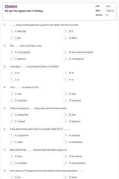Bài tập Trắc nghiệm Unit 13 Writing