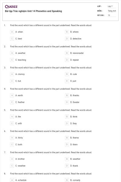 Bài tập Trắc nghiệm Unit 14 Phonetics and Speaking