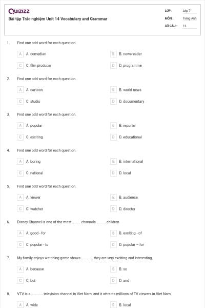 Bài tập Trắc nghiệm Unit 14 Vocabulary and Grammar