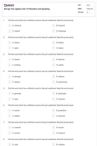 Bài tập Trắc nghiệm Unit 15 Phonetics and Speaking