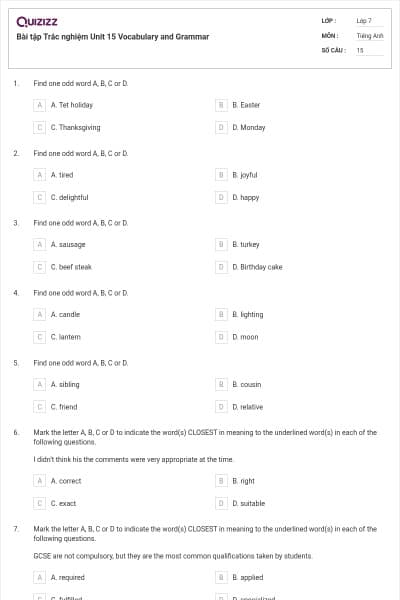 Bài tập Trắc nghiệm Unit 15 Vocabulary and Grammar