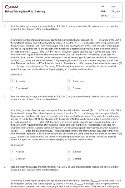 Bài tập Trắc nghiệm Unit 15 Writing