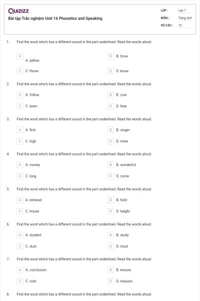 Bài tập Trắc nghiệm Unit 16 Phonetics and Speaking