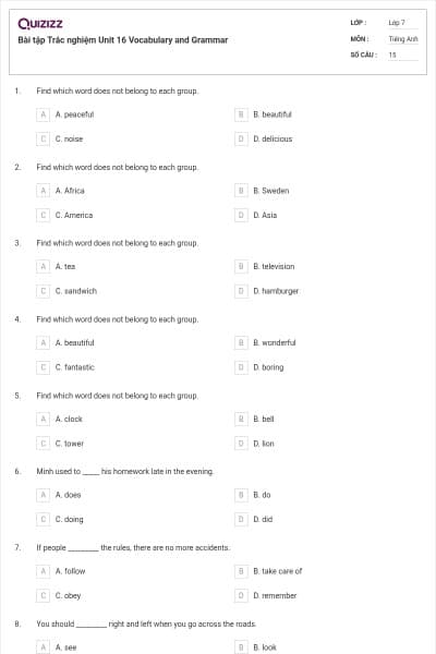Bài tập Trắc nghiệm Unit 16 Vocabulary and Grammar
