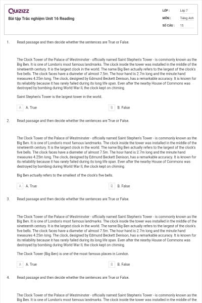 Bài tập Trắc nghiệm Unit 16 Reading