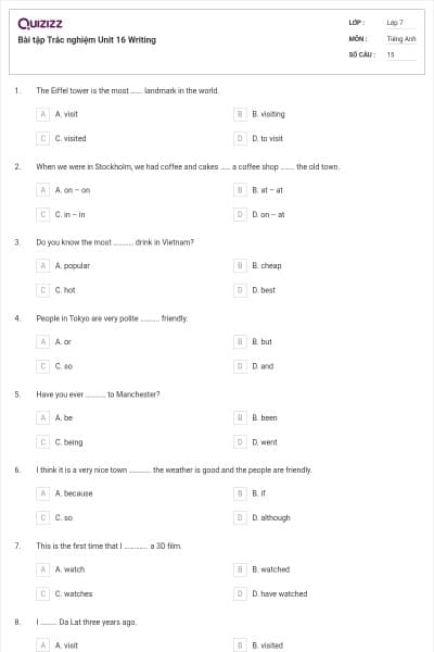 Bài tập Trắc nghiệm Unit 16 Writing