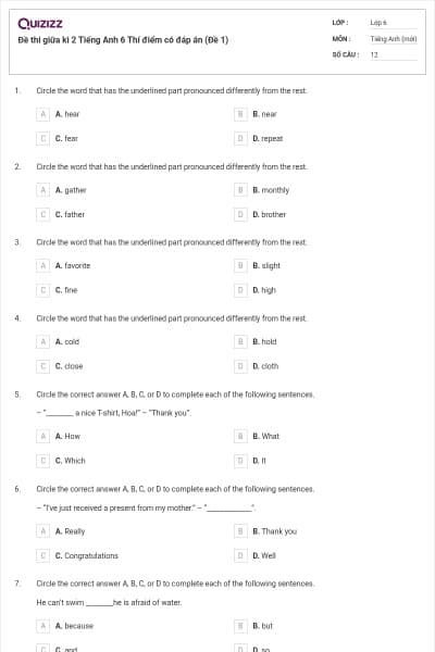 Đề thi giữa kì 2 Tiếng Anh 6 Thí điểm có đáp án (Đề 1)