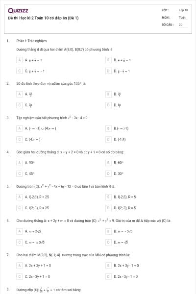 Đề thi Học kì 2 Toán 10 có đáp án (Đề 1)