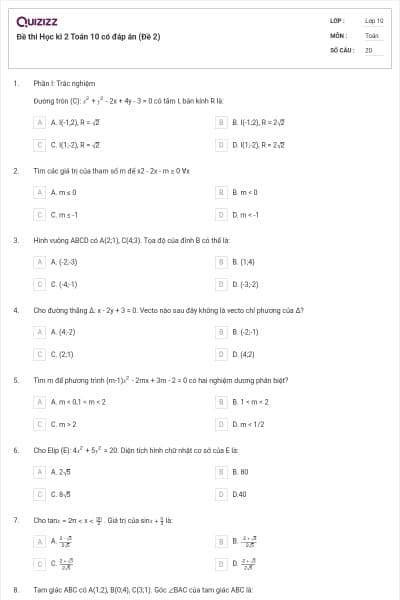 Đề thi Học kì 2 Toán 10 có đáp án (Đề 2)