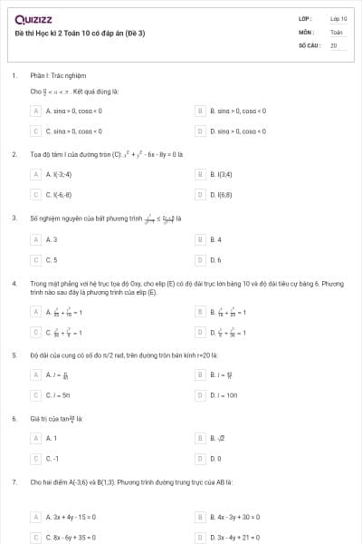 Đề thi Học kì 2 Toán 10 có đáp án (Đề 3)