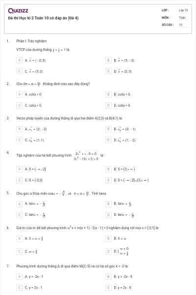 Đề thi Học kì 2 Toán 10 có đáp án (Đề 4)
