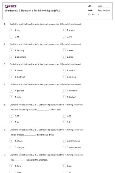 Đề thi giữa kì 2 Tiếng Anh 6 Thí điểm có đáp án (Đề 2)