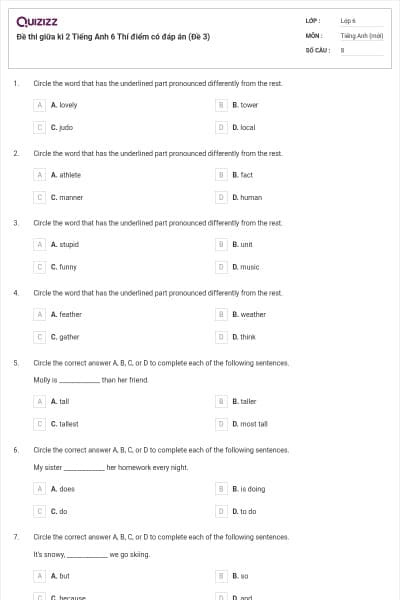 Đề thi giữa kì 2 Tiếng Anh 6 Thí điểm có đáp án (Đề 3)