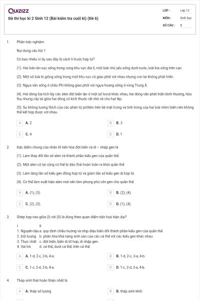 Đề thi học kì 2 Sinh 12 (Bài kiểm tra cuối kì) (Đề 6)