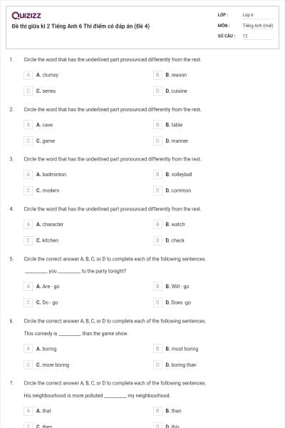 Đề thi giữa kì 2 Tiếng Anh 6 Thí điểm có đáp án (Đề 4)