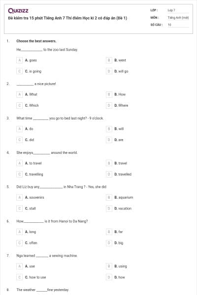Đề kiểm tra 15 phút Tiếng Anh 7 Thí điểm Học kì 2 có đáp án (Đề 1)